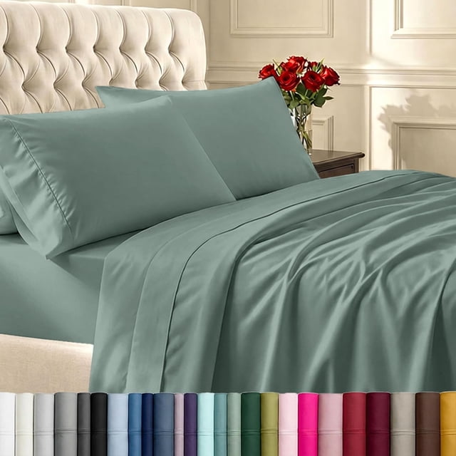 California Design Den Draps 100 % Coton Ultra Doux, Ensembles de Draps Format Double, Literie Satin 400 Fils, Draps à Poches Profondes, Draps Rafraîchissants, Draps Format Double, Ensemble de Lit Respirant (Vert Sauge)