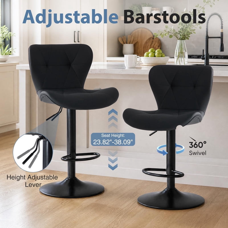 Kelno Swivel Bar Stools Set of 2 Adjustable Height PU Leather Seat with Backrest 360° Swivel for Kitchen Island, Ink