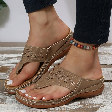 

PEASKJP Beach Sandals for Women Summer Women Flat Toe Open Toe Solid Square Toe Non-Slip Slippers Shoes Arch Support Slip on Flat Sandals Brown 9