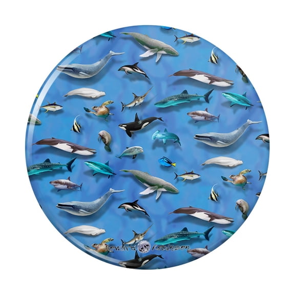 Ocean Life Whale Dolphin Manatee Shark Pattern Pinback Button Pin