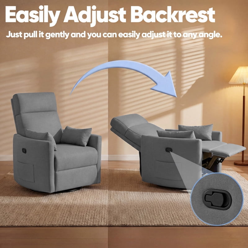Lacoo 360° Swivel Recliner Chair Oversized Adult Nursery Glider Rocking Recliner Upholstered Electric Recliner Chair with 2 Pillows for Living Room,Linen Gray