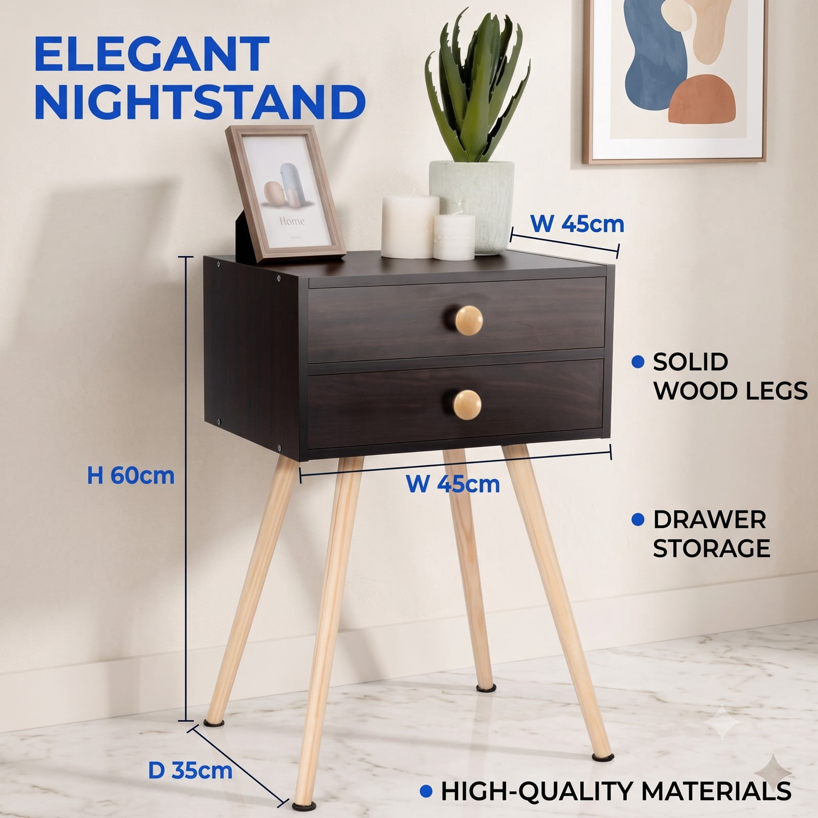 Furnibear Mid Century 2-Drawer Nightstand with Angled Solid Wood Legs and Anti-Tipping Kit for Bedroom and Living Room, Espresso