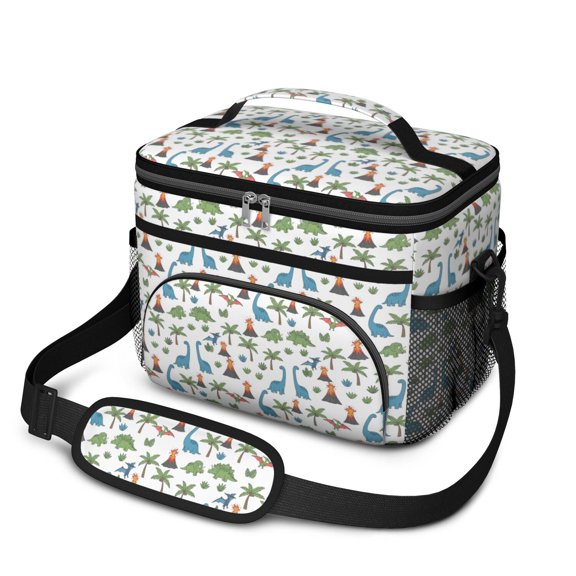 Dinosaur and Volcano White Pattern Insulated Lunch Box for Women Men, Medium Leakproof Cooler Bag with Adjustable Strap, 10"x6.7"x8"