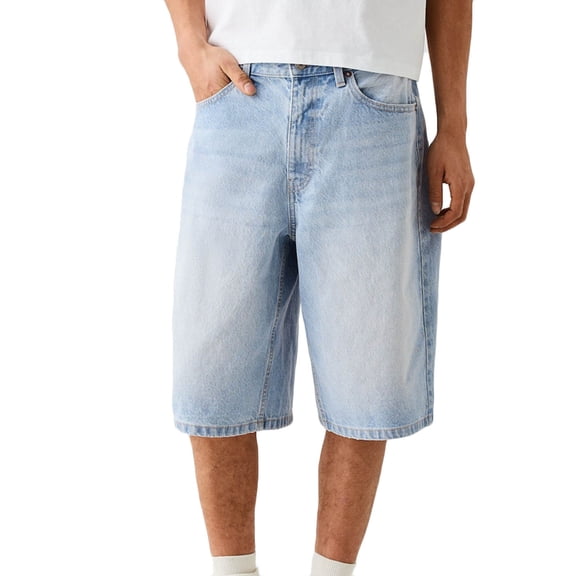 YLSDY Mens Loose Denim Shorts Baggy Casual Wide Leg Mid Jean Jorts Zipper Hip Hop Shorts with Pockets Streetwear Light Blue XL