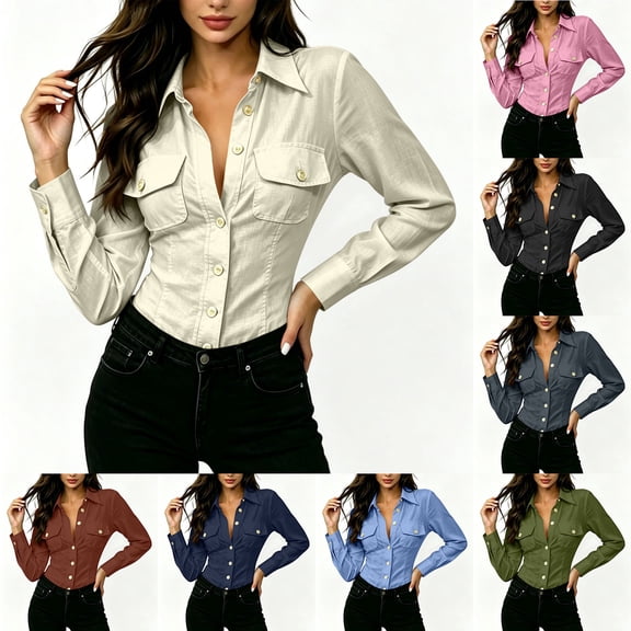 Tqcoqu Women's Long Sleeve Cotton Linen Button Down Blouse with Pocket Front Y2K Collared Shirt Tops,Army Green Women's S-XXL