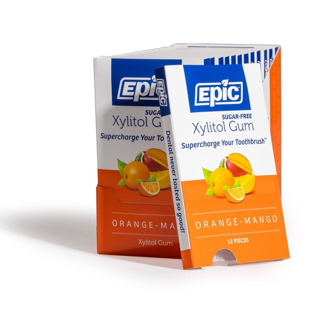 Epic Xylitol Chewing Gum - Sugar Free & Aspartame Free Chewing Gum Sweetened w/Xylitol for Dry Mouth & Gum Health (Orange-Mango, 12-Piece Pack, 12 Packs)