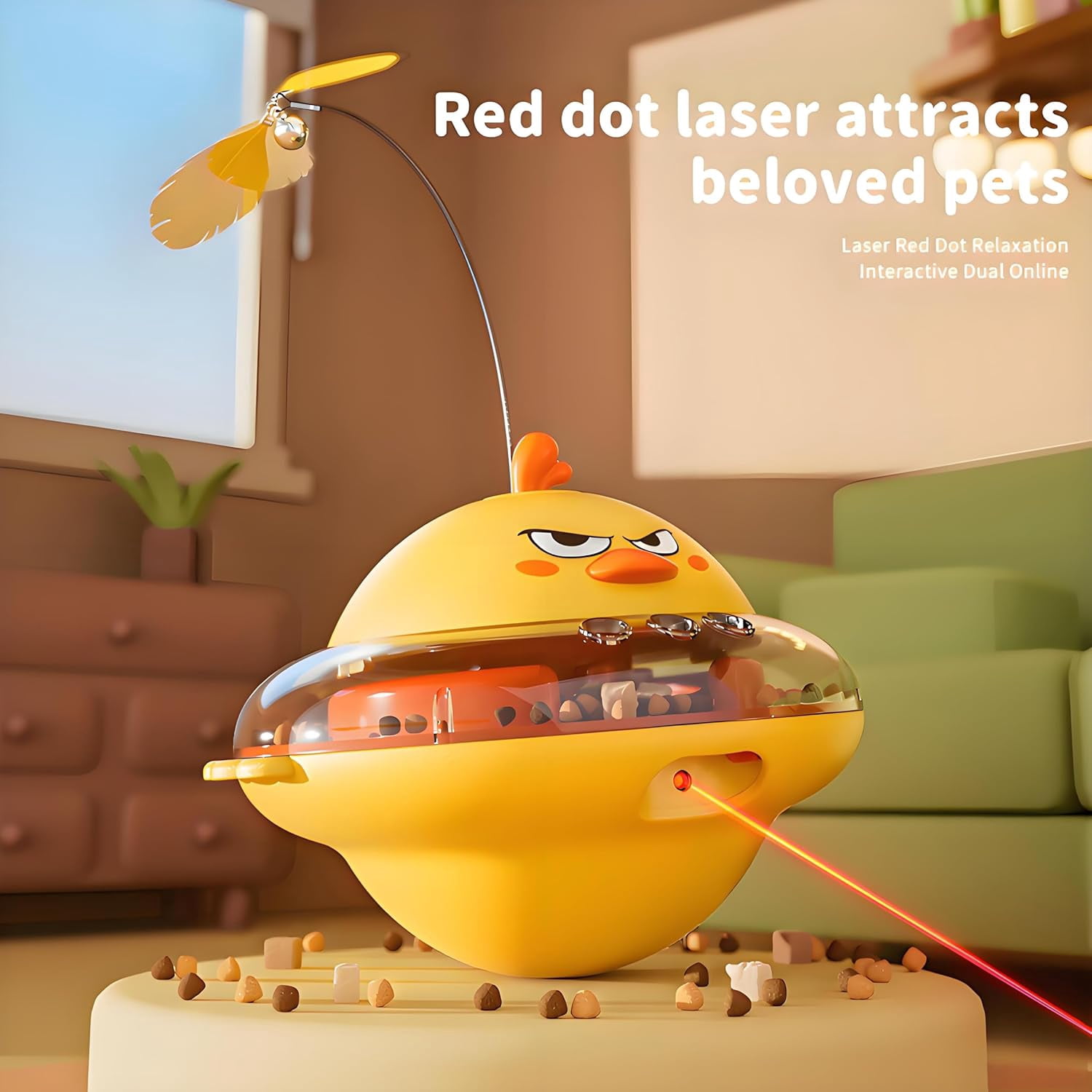 4-in-1 Automatic Cat Interactive Toy, Self-Balancing Spinning Laser Pointer w/Feather Teaser&Treat Dispenser, Bird Chirping, 360 °   Rotation, Quad-Sensory Boredom Relief for Indoor Cats