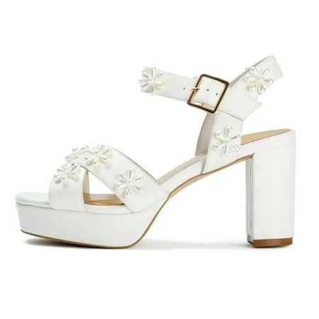 

XYD Women s Open Square Toe Platform Sandals Ankle Strap Block Heeled with Pearl Flower Shoes for Events Weddings Size 5.5 White