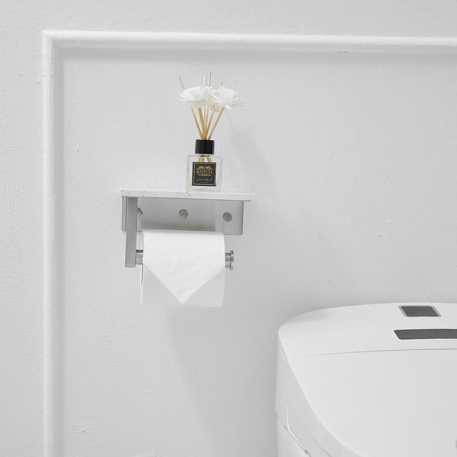 Wall Mount Toilet Paper Holder With Natural Marble Shelf Tissue Storage Holder In Brushed Nickel