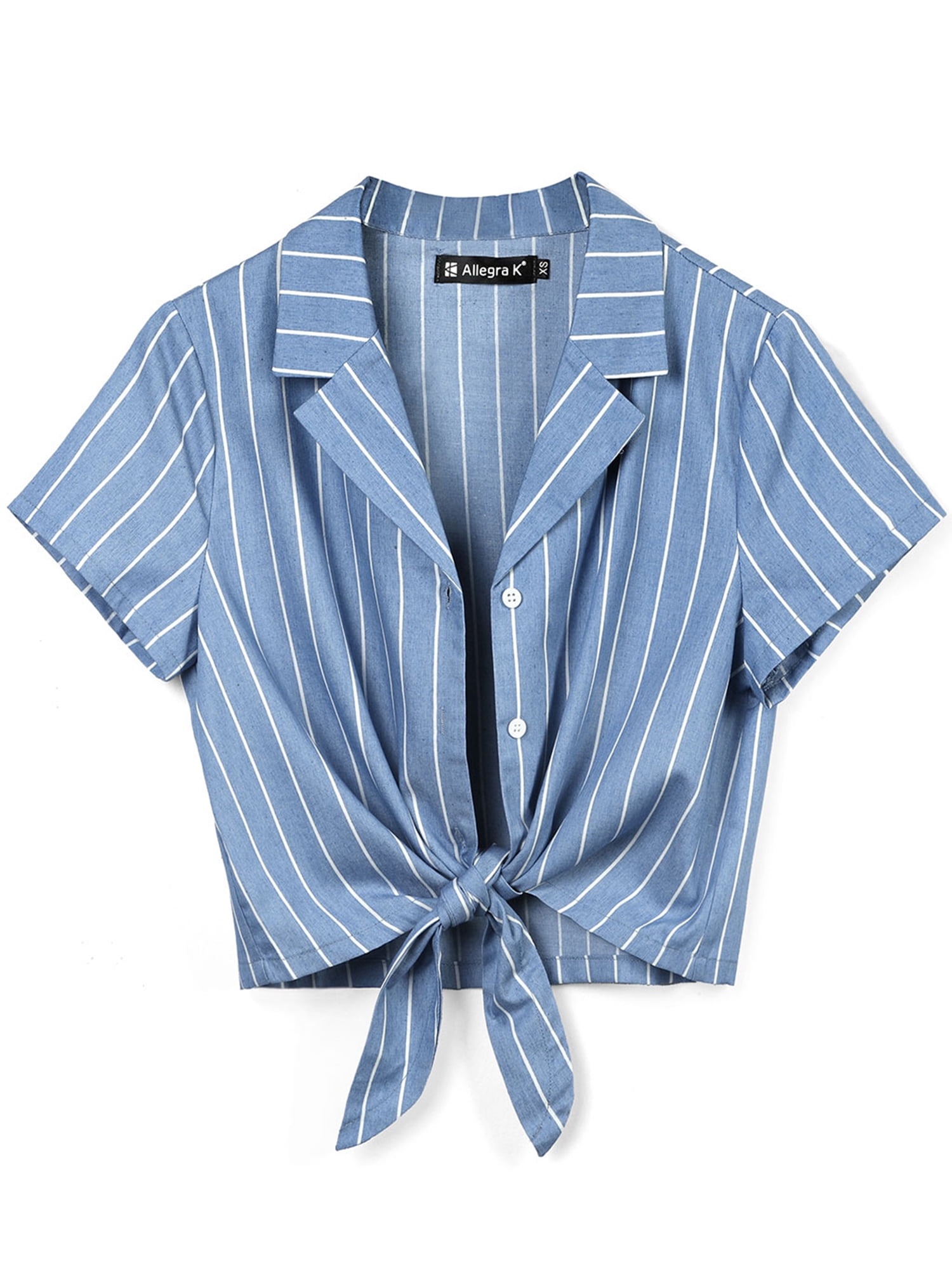 DARING DIVA Women's Striped Button Up Short Sleeve Tie Front Crop Shirt L Blue