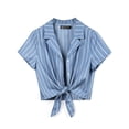 thumbnail image 7 of MODA NOVA Junior's Striped Button Up Short Sleeve Tie Front Crop Shirt Blue S, 7 of 7