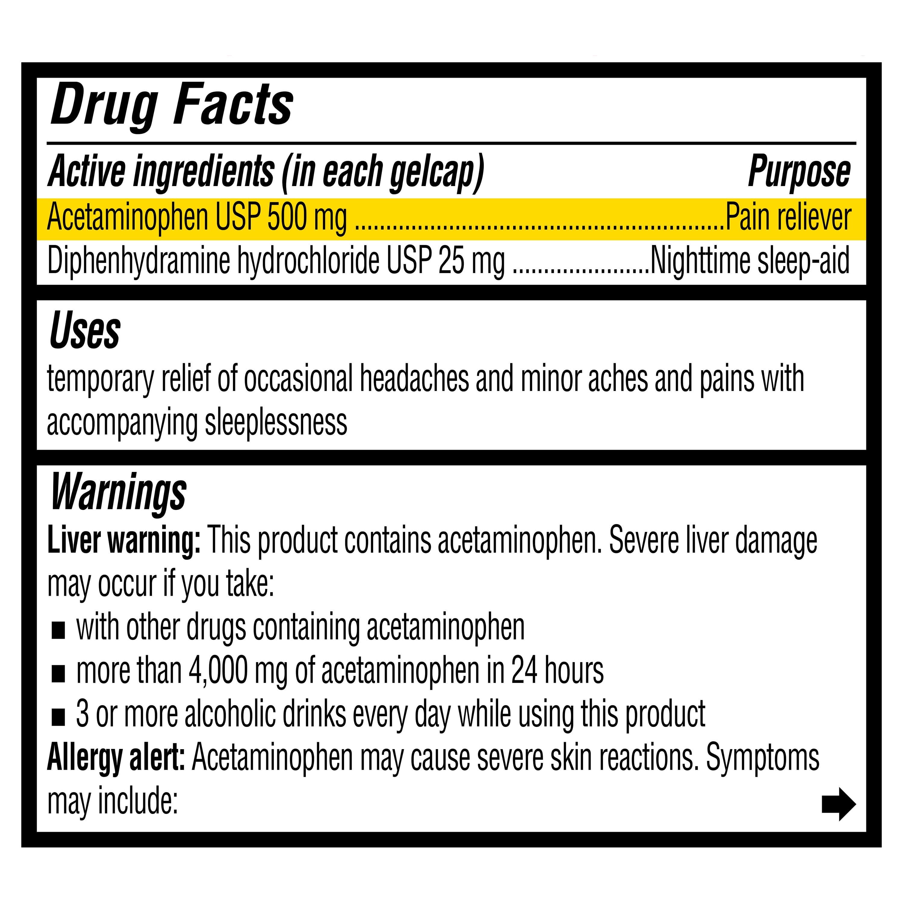 Equate Extra Strength Pain Reliever PM, Acetaminophen 500 mg & Diphenhydramine HCL 25 mg, 80 Gelcaps