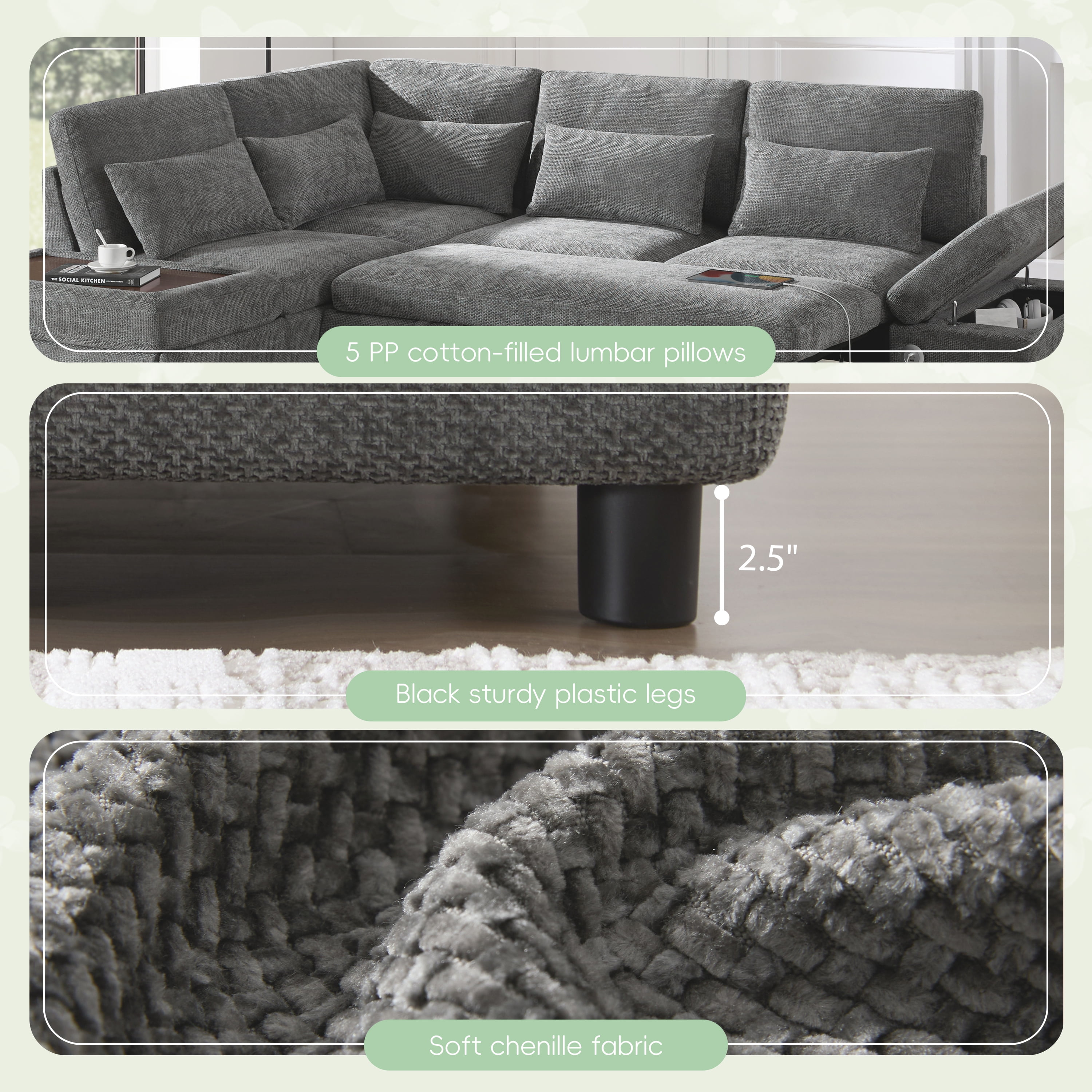 AISWORD 5 Seat L-Shaped Modular Sectional Sleeper Sofa, Pull Out Bed, Multi Storage Chaise, USB Port, Chenille Gray