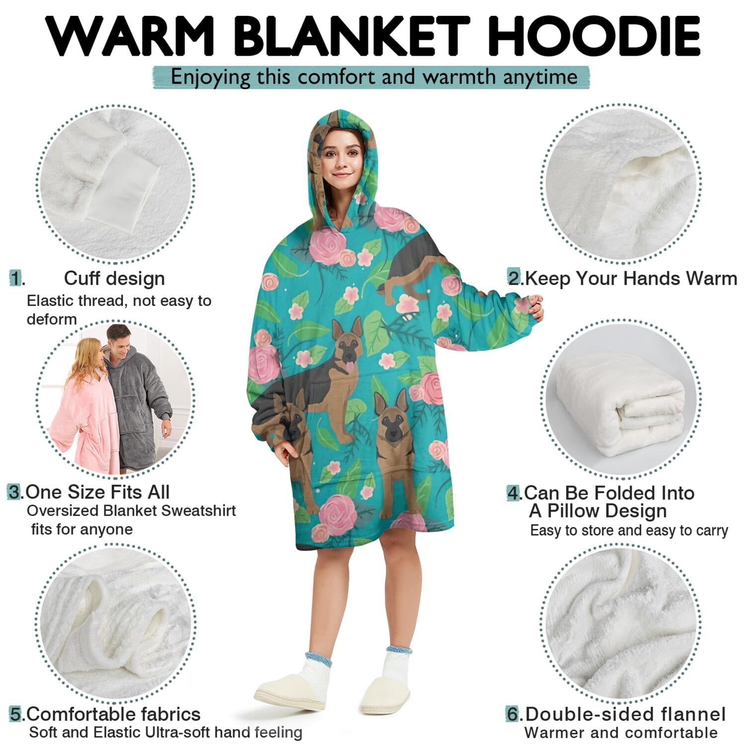 German Shepherd Dog and Flower Wearable Oversized Blanket,Wearable Blanket Hoodie for Adults,Cozy Hooded Blankets with Super Pockets,Super Warm Fuzzy Pullover for Women & Men