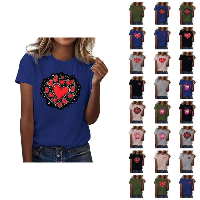 T-shirts de la Saint-Valentin pour Femmes 2026 Mode Manches Courtes Col Rond Cœur Graphique