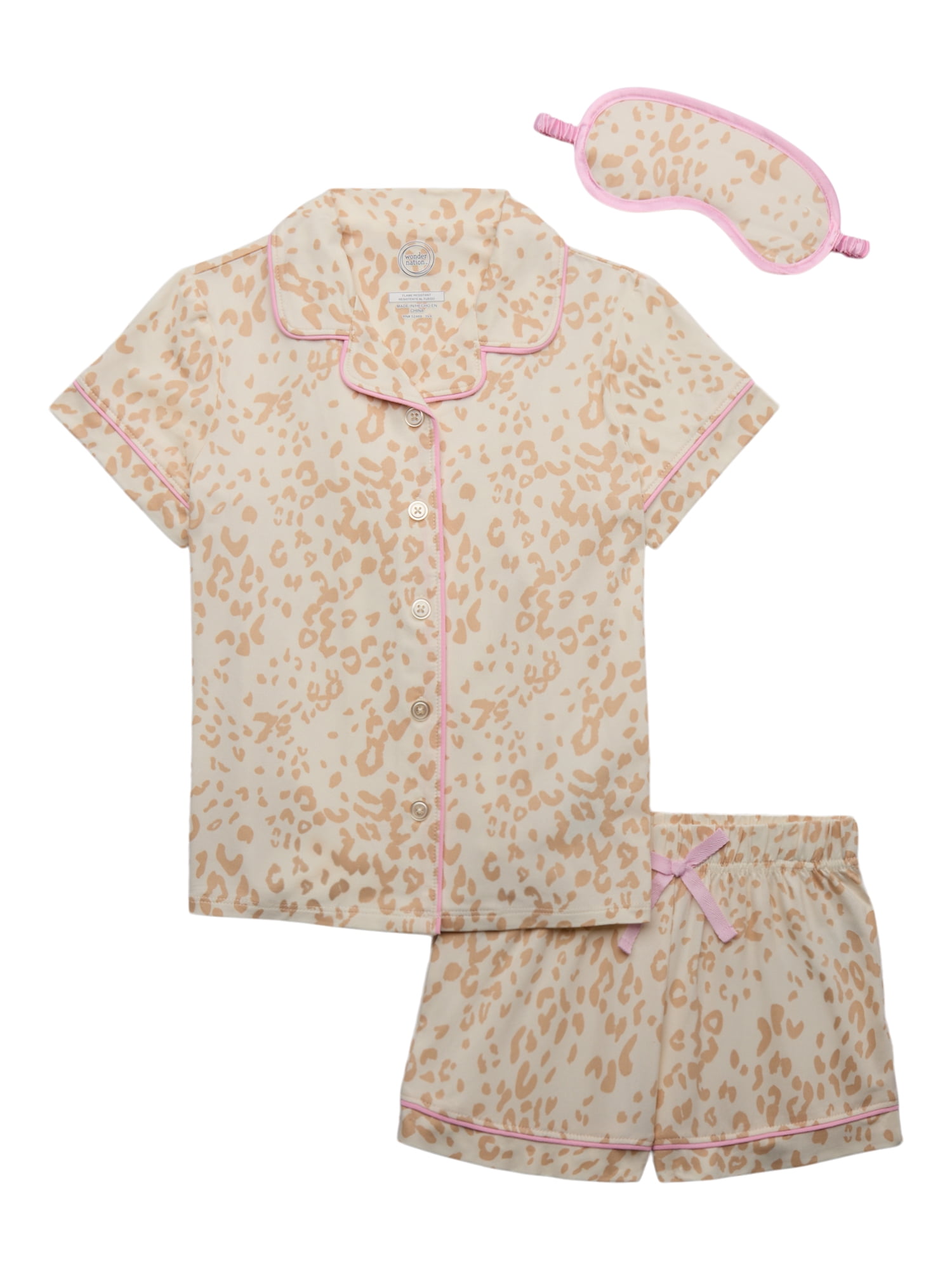 Wonder Nation Girls Button Front Sleep Coat Set Pajama with Eyemask, 3-Piece, Sizes 4-18 & Plus