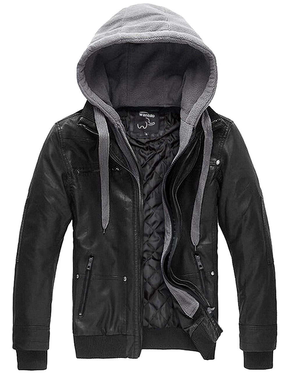 Wantdo Boy's Faux Leather Jacket Waterproof Zipper Coat with Removable Hood 