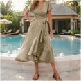 thumbnail image 3 of Women's Bohemian Floral Printed Wrap V Neck Short Sleeve Split Beach Party Maxi Dress With Belt 2025, 3 of 5