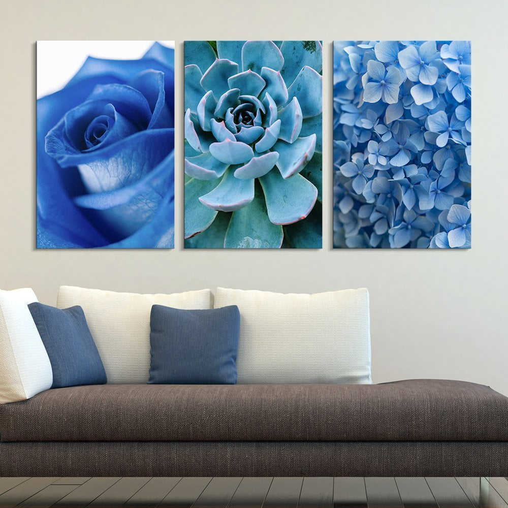 16"x24" x 3 Panels wall26-3 Panel Blue Flowers and Leaves Gallery Canvas Art 