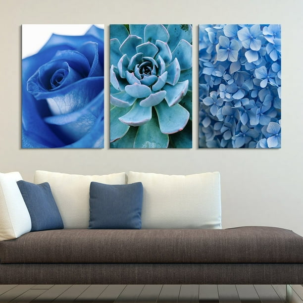 Wall26 3 Panel Canvas Wall Art Blue Rose Succulent Plant and Small Blue