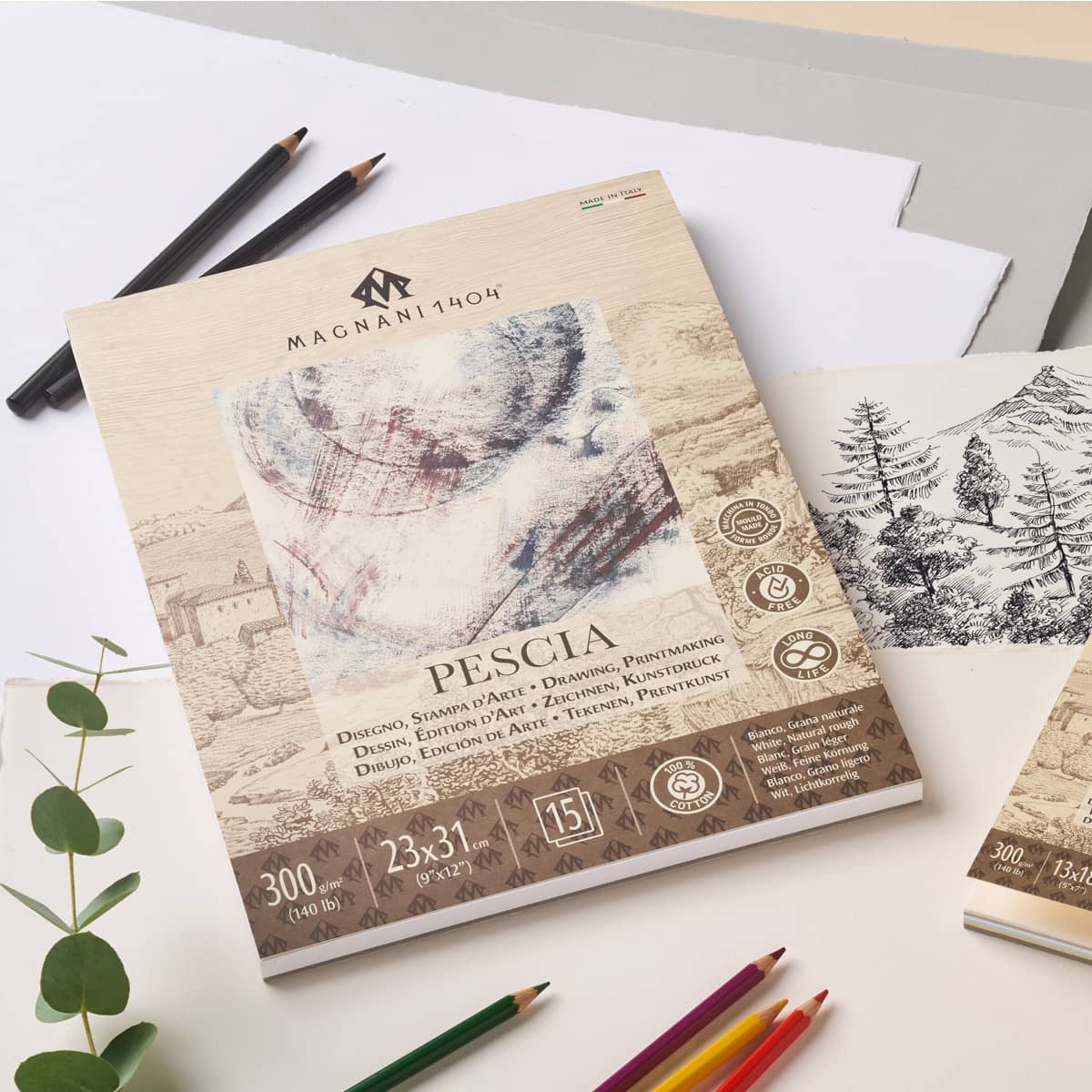 Magnani 1404 Pescia Drawing and Printmaking Paper Pad for Artists, 9x12", 15 Sheets, White, 140 lb (300gsm), Acid-Free 100% Cotton Paper for Etching, Engraving & Silkscreen, Archival Quality