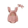 thumbnail image 2 of Aojekbee Baby Girls Rompers Fuzzy Rainbow Embroidery Fly Sleeve Ruffles Infant Bodysuits Summer Clothes with Headband, 2 of 10