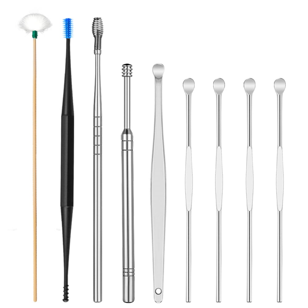 9pcs/set Ear Cleaner Kits Stainless Steel Earpick Wax Remover Curette Goose Feather Ear Pick Ear Cleaner Spoon Spiral Ear Tool