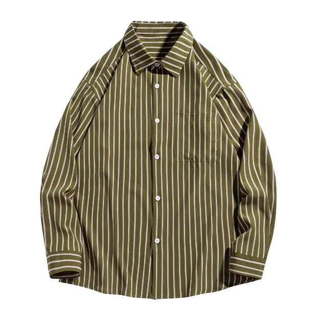 pstuiky Camisas para hombre de manga larga, Camisa de manga larga con cuello vuelto, rayas y botones para hombre Tops casuales para hombres l