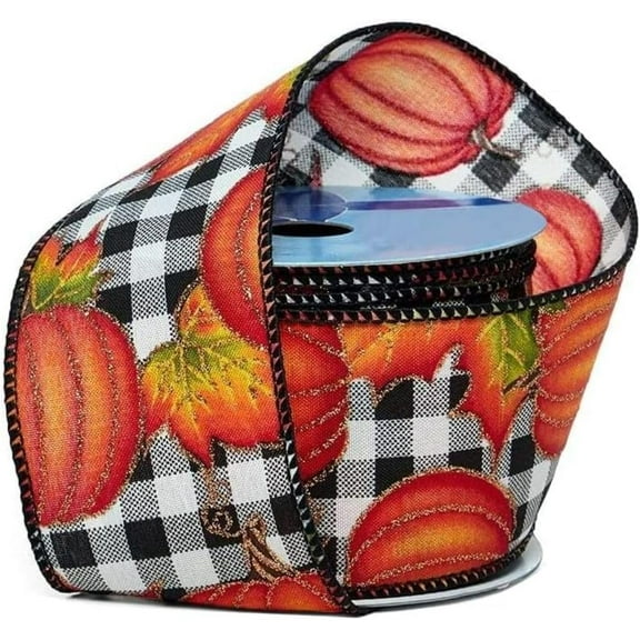 Pumpkin Patch Plaid Wired Ribbon - 2 1/2" x 10 Yards, Fall Decor, Rustic Orange Pumpkins, Halloween, Thanksgiving, Wreath