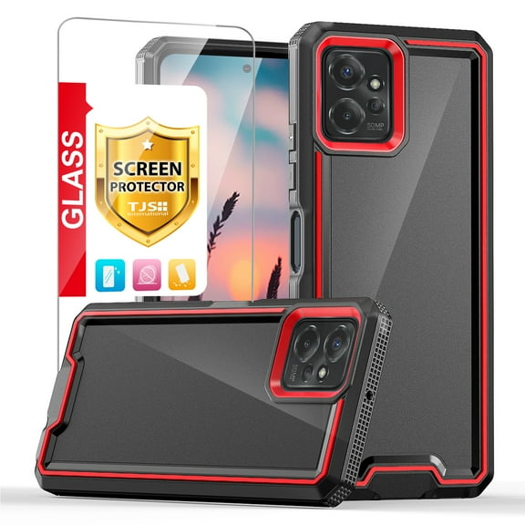 TJS for Motorola Moto G Power 2023 Phone Case, with Tempered Glass Screen Protector, Dual Layer Shockproof Rugged Hybrid Drop Protector Cover for Moto G Power 2023 (Black)