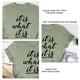 thumbnail image 3 of Camisa informal de verano de manga corta y cuello redondo para mujer, blusa verde oliva con estampado de letras negras de gran tamaño, 3 of 4