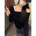 thumbnail image 4 of Camisetas de manga larga para mujer, lisas, sexys, con pliegues, combinables, ajustadas, elegantes, de temperamento informal, ropa de calle moderna, retro y con estilo., 4 of 6