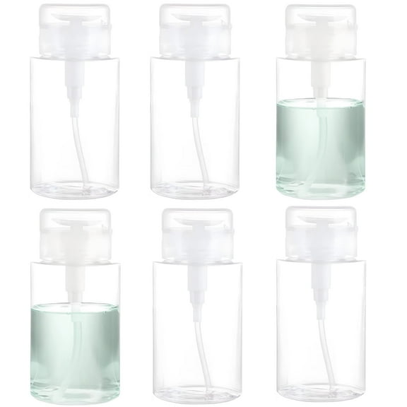 6 Pcs Push Down Pump Dispensers, 6.8 oz Clear PET Plastic Pump Bottles with Locking Cap - Refillable Liquid Dispensers for Makeup Remover, Toner, Lotion & Nail Polish Remover