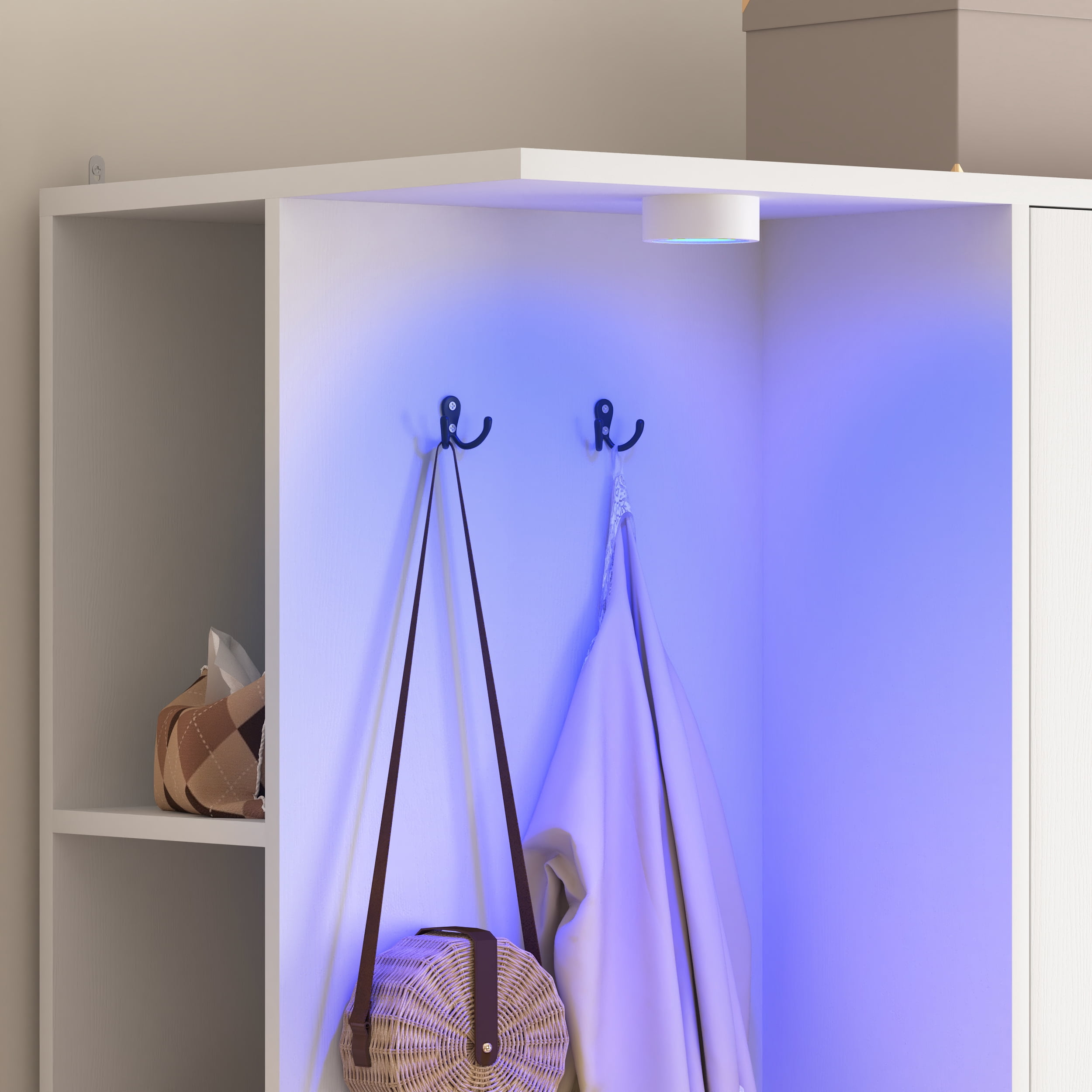 Mintazer Freestanding Wardrobe Armoire with Mirror Door, Open Coat Nook & 6 Drawers, 71" Tall Clothing Storage Cabinet with Hanging Rod & Light for Bedroom, White