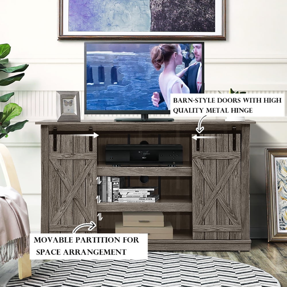 Finihen TV Stand, TV Cabinet, Sliding Barn TV Stand Console Table, Media Entertainment Center with Storage, for Living Room, Bedroom, Gray