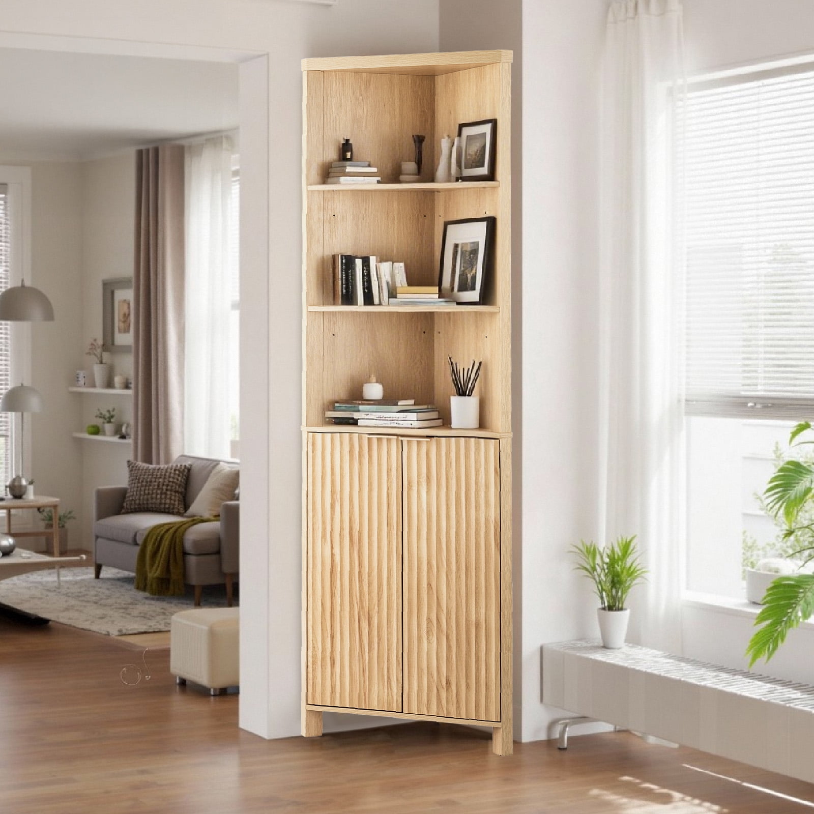Ktaxon Corner Bathroom Cabinet with Fluted Double - doors, 5 - Tier Freestanding Storage, Oak