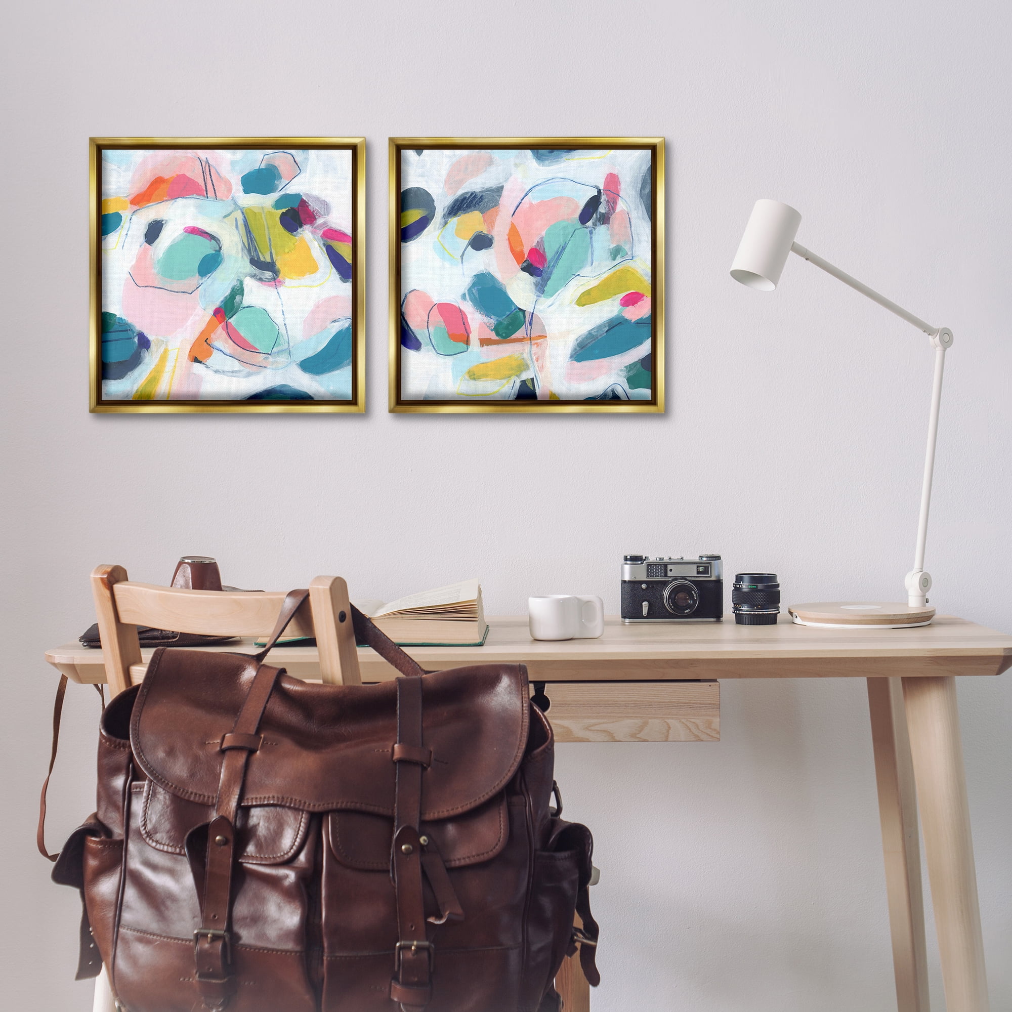 Stupell Industries Eye-catching Abstract Pastels Abstract Painting Gold Floater Framed Canvas Art Print Wall Art, 18 x 18, Set of 2