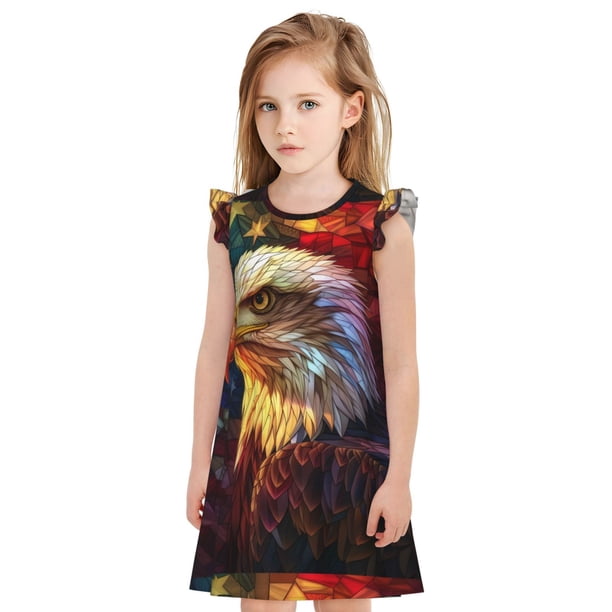 Fotbe Geometric American Bald Eagle Vestido de Dormir para Niñas de 3 a 10 Años, Mangas Cortas, Estilo Princesa, Pijama Camisón con Mangas Voladas-Medium