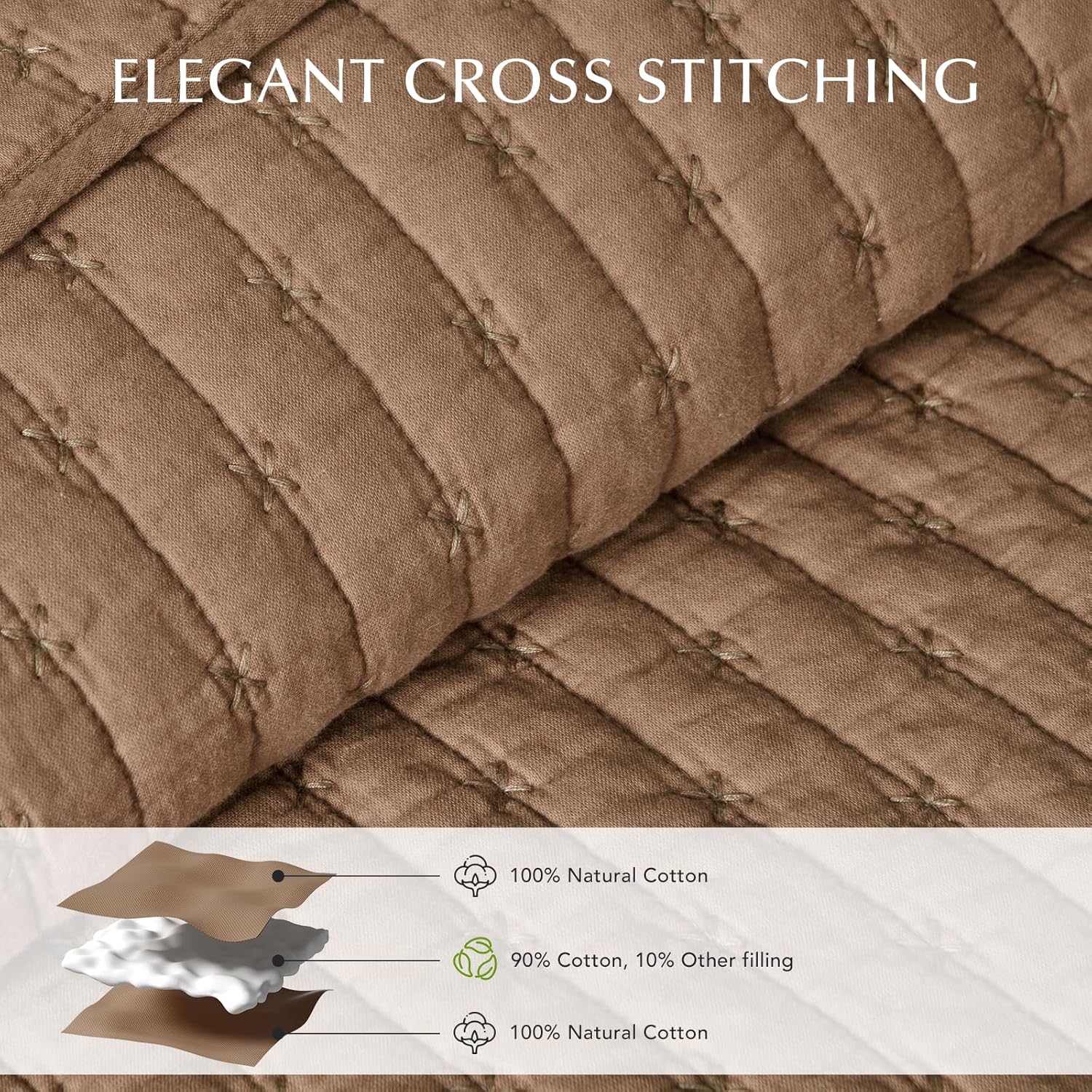 EVERGRACE Cross Stitch Pre-Washed Cotton Quilt Bedding Set King Size, Oversized 3 Pieces Lightweight Bedspread Coverlet for All Season, with 2 Matching Shams, Camel Brown,108"x96"