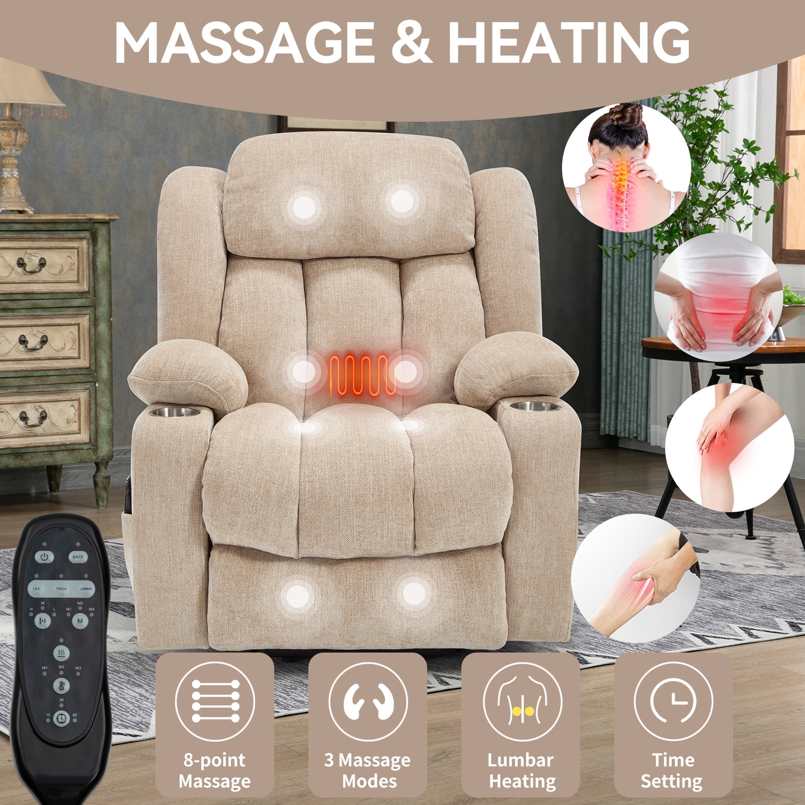 Alvantor Large Power Lift Recliner Chair for Elderly with Massage and Heat Chenille Electric Recliners Chair with USB Ports & Cup Holders for Living Room Beige