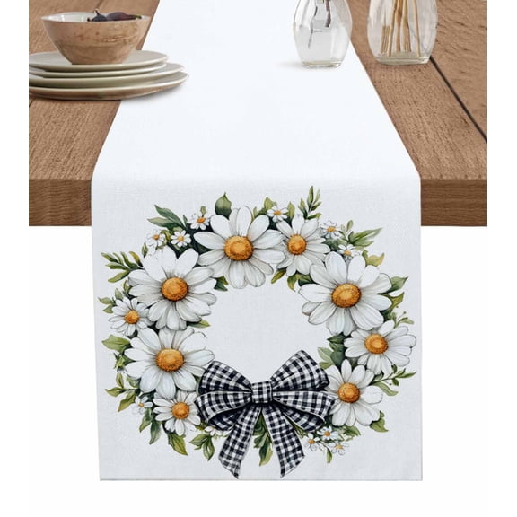 Ldtrchee Daisy Wreath Table Runner 72 Inches, Spring Retro Flower Floral Watercolor Bed Runner Dresser Scarves Tabletop for Indoor Outdoor Parties/Ceremony/Banquet, 16" x 72"
