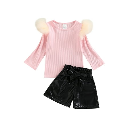 

AMILIEe Toddler Babay Girls Casual Clothes Set Solid Long Sleeve Crew Neck Tops and Leather Shorts with Belt