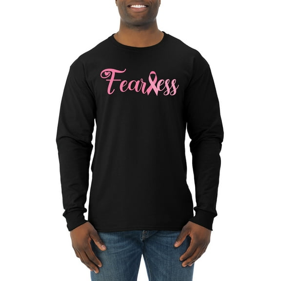 Wild Bobby, Fearless Pink Ribbon Support Warrior Women, Breast Cancer Awareness, Men Long Sleeve Shirt, Black, Small