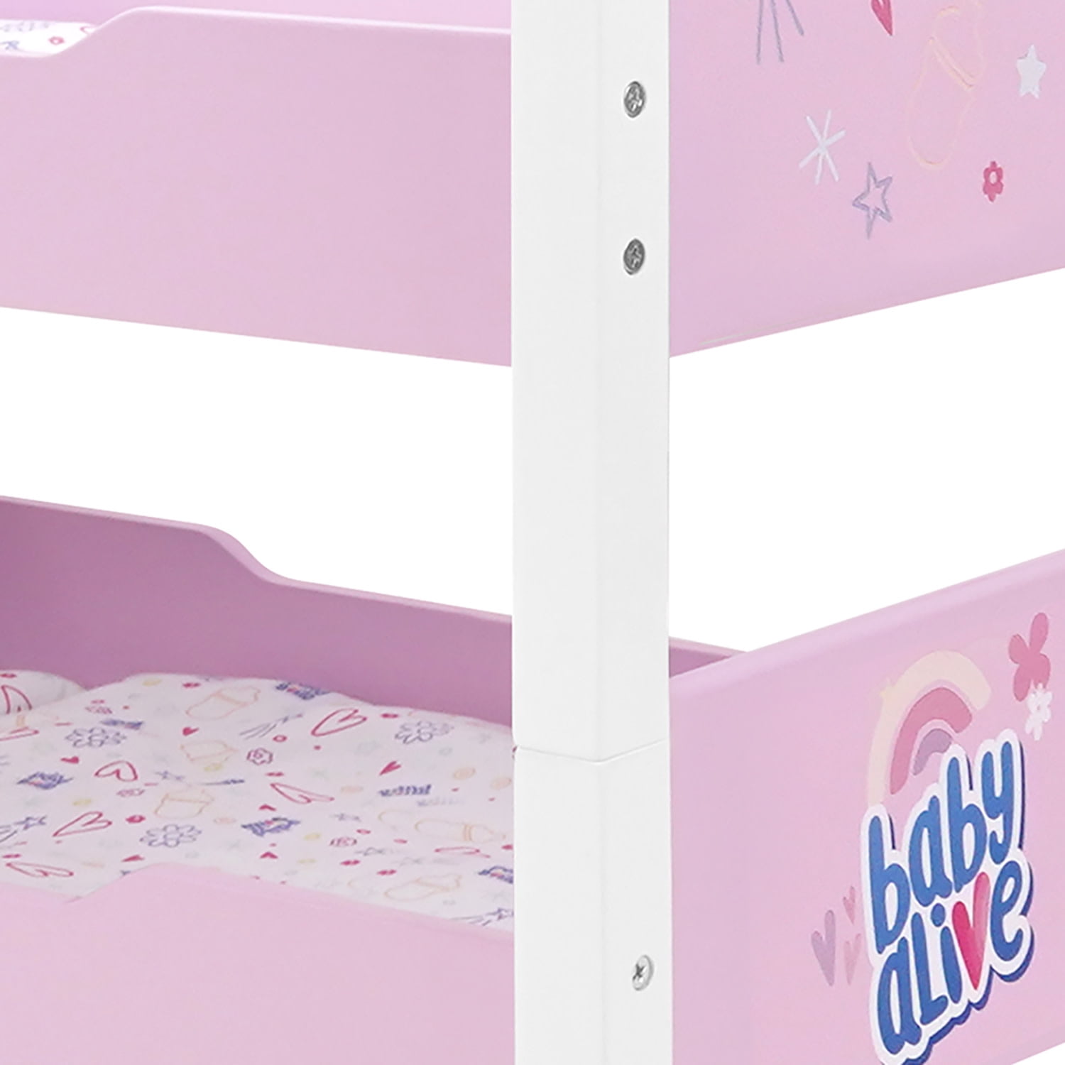 509 Crew: Baby Alive - Wooden Doll Bunk Bed - Pink-White-Purple, Convertible to Single Beds, Blankets & Pillows, Doll Sleep Accessory Toy, Kids 3+