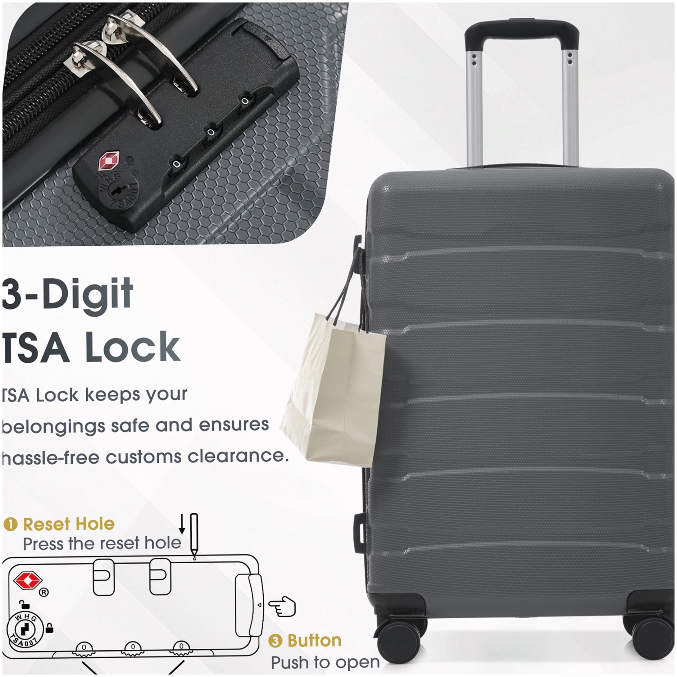 MANGIJOY TSA Lock Hardshell Suitcase 24 Inch, Lightweight Expandable ABS Checked Luggage with 360° Spinner Wheels, Gray