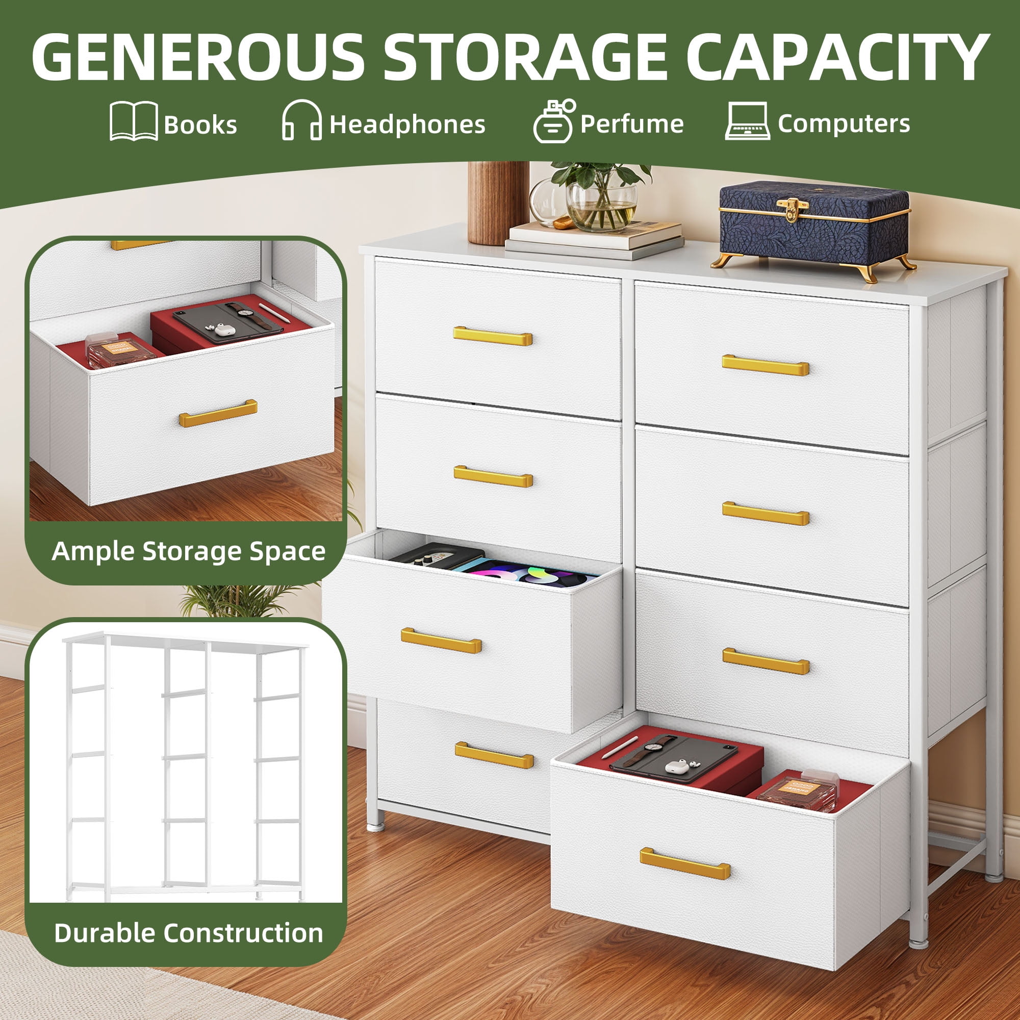 Uforic 8 Drawer Fabric Chest of Storage Dressers for , Closet, Living Room, White