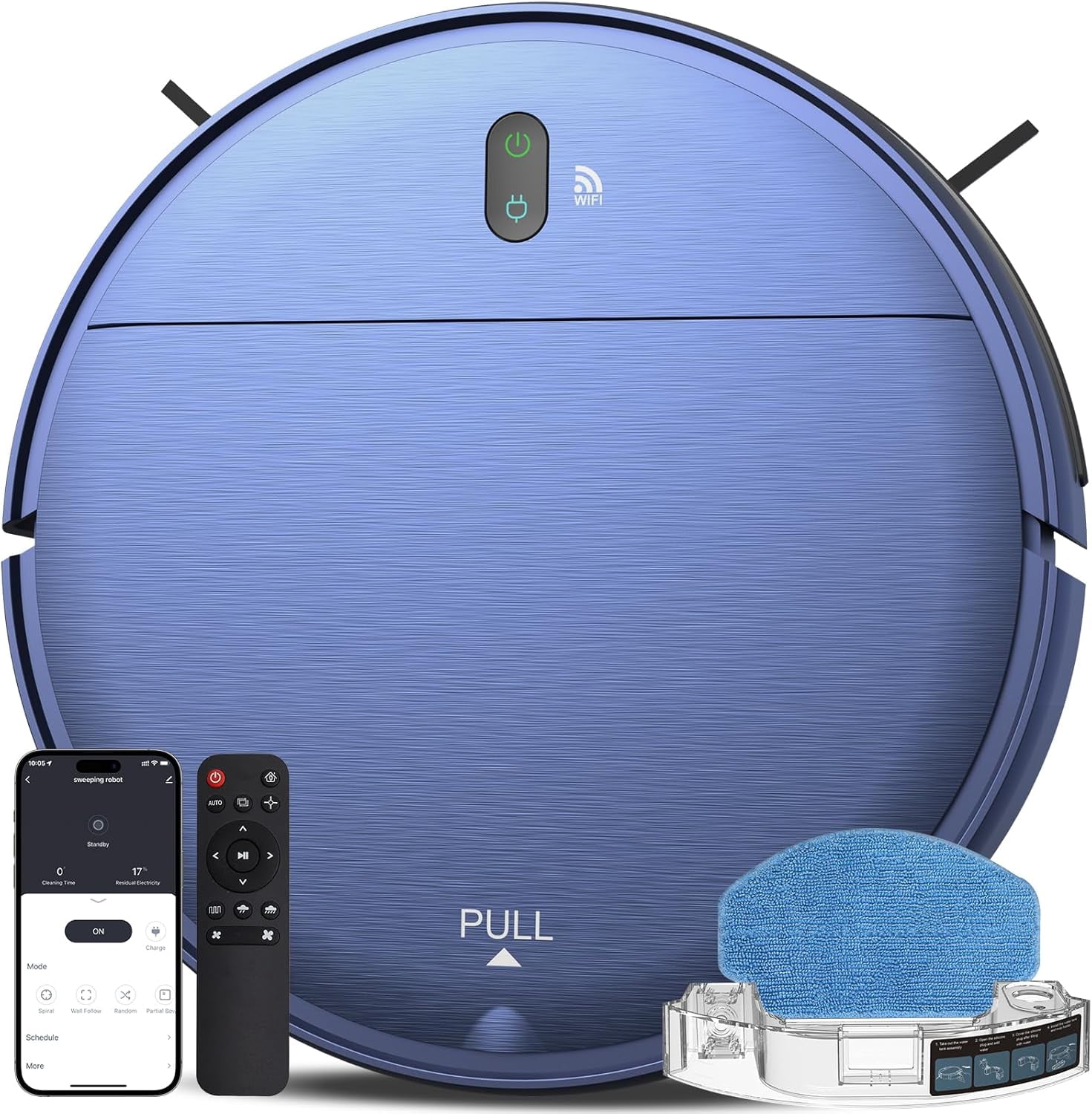 TH Robot Vacuum and Mop Combo 2.4GHz WiFi 4 Modes APP Remote for Pet Hair Stains Carpets Corners Self-Charging