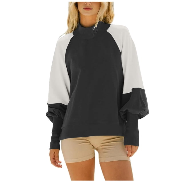 FAIWAD Womens Casual Mock Neck Sweatshirt Puff Long Sleeve Patchwork Pullover Loose Workout Tops