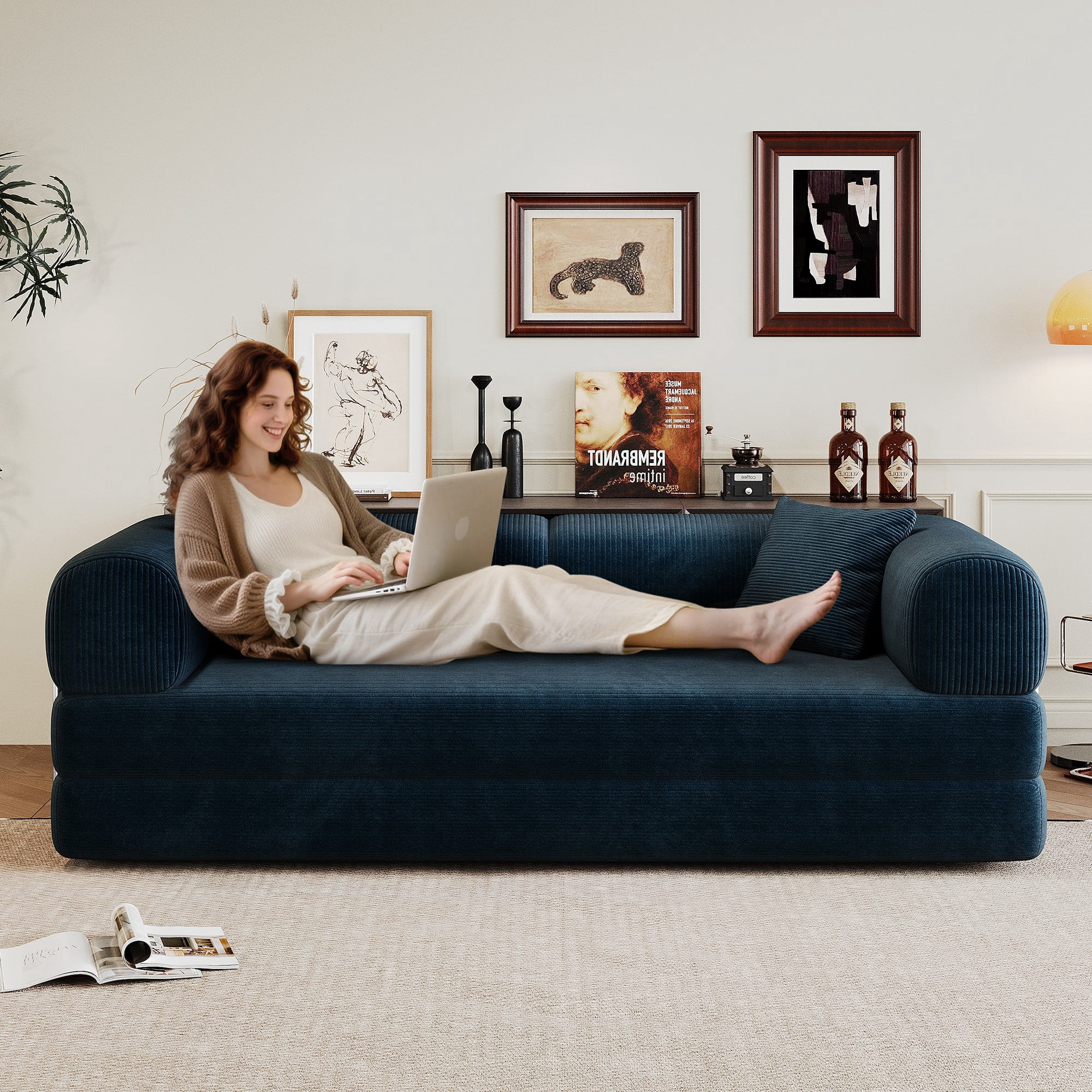78.8" Compression Sofa Bed, Convertible Floor Futon Couch with Pillow & Armrests, Modular Corduroy Sofa, Blue