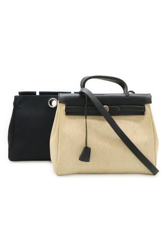 Pre-Owned HERMES Herbag PM Handbag Shoulder Bag Toile H Officier Leather Natural Black E...